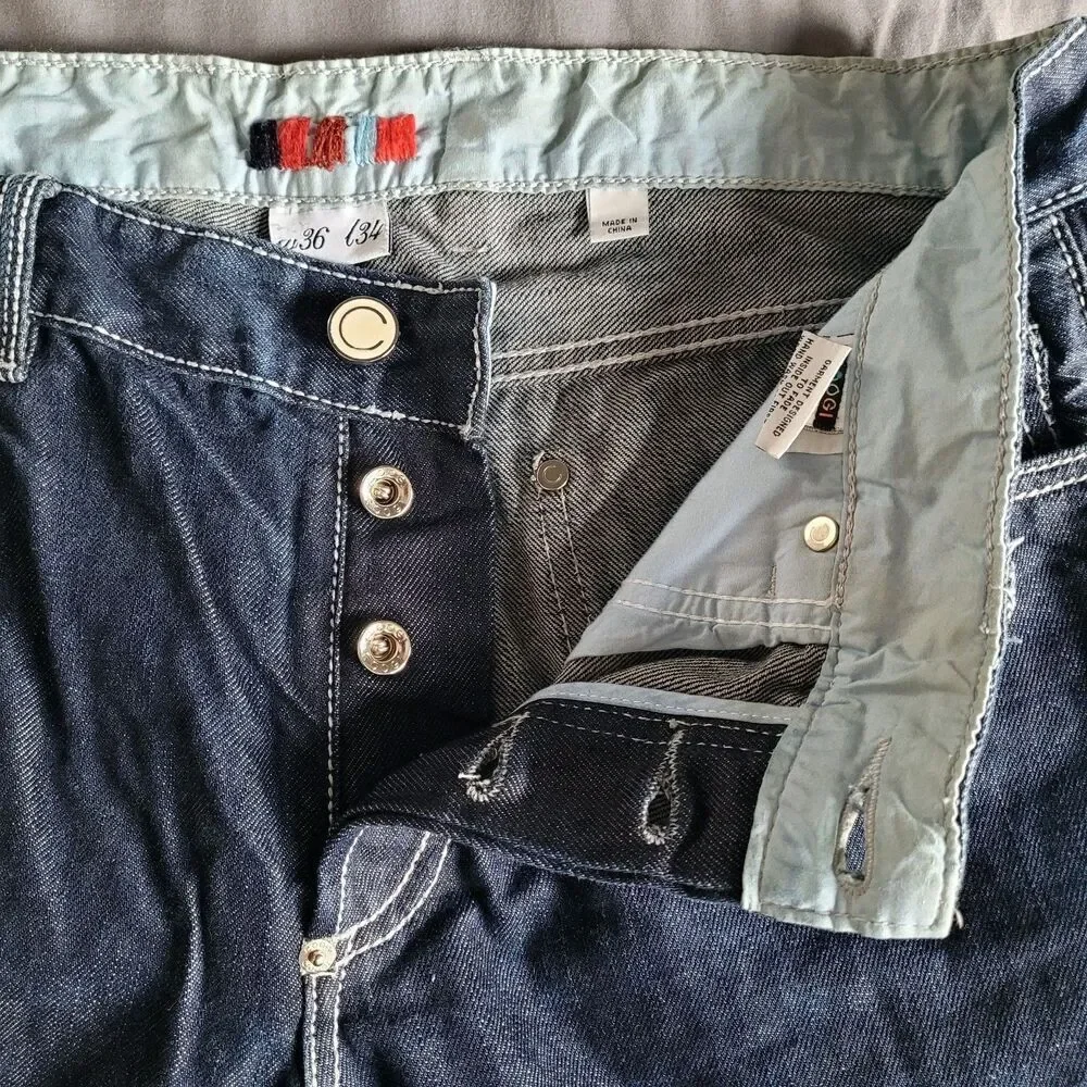 COOGI Jeans Straight Mens 36x34 Embroidered Pockets Denim Dark Blue Loose Baggy